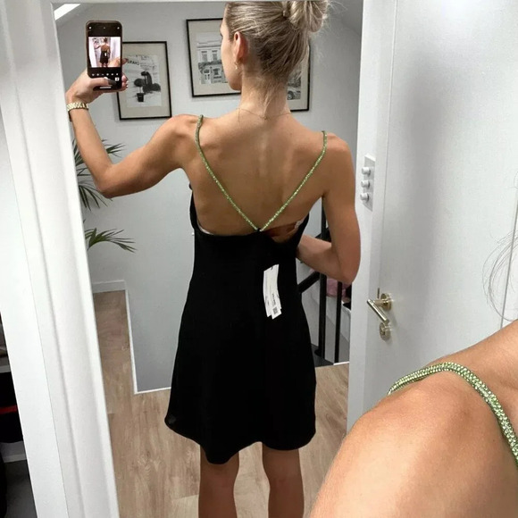 Zara Black Cowl Neck Mini Dress w/  Green Diamante Rhinestone Straps Sz Small - Picture 3 of 16